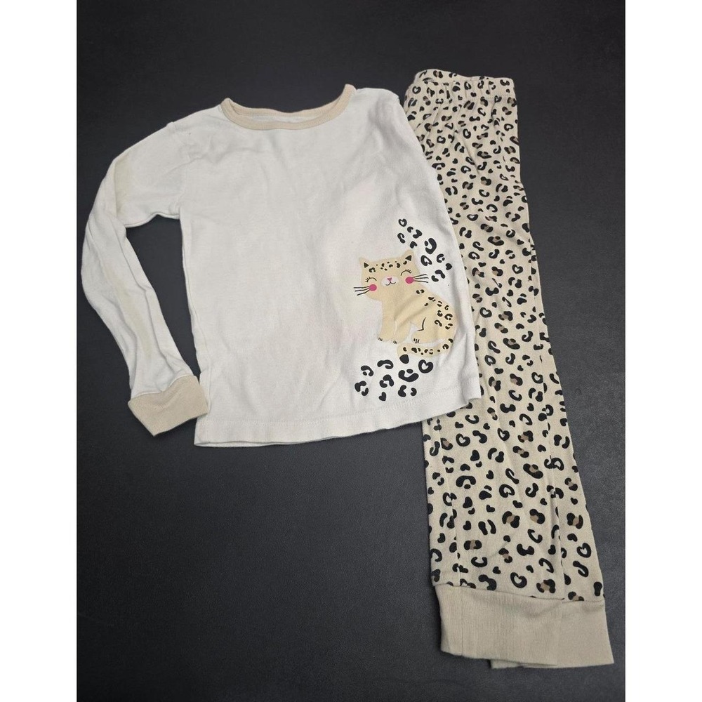 Wonder Nation 2 Pc Pajama Set Cream With Cheetah Print Cat Size 5T